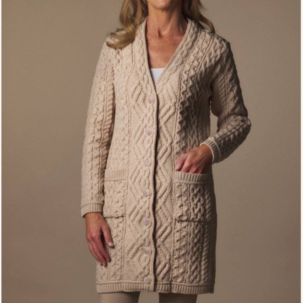 NWOT Aran Crafts Ivory Merino Wool Cableknit Long Cardigan with Pockets
